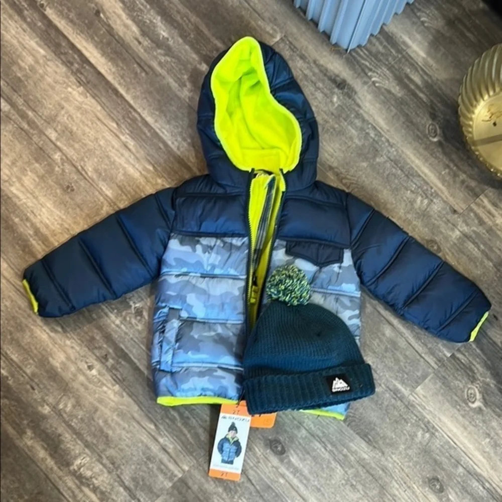 Snozu Kids Puffer Jacket with Hat - Blue and Green